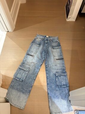 Alice + Olivia Washed Blue Wide Leg Cargo Jeans